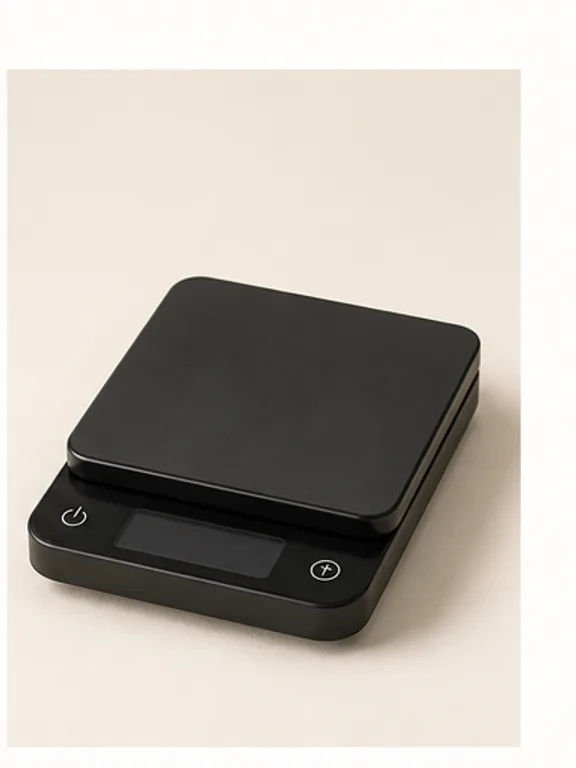 Compact black coffee scale with a glass cup